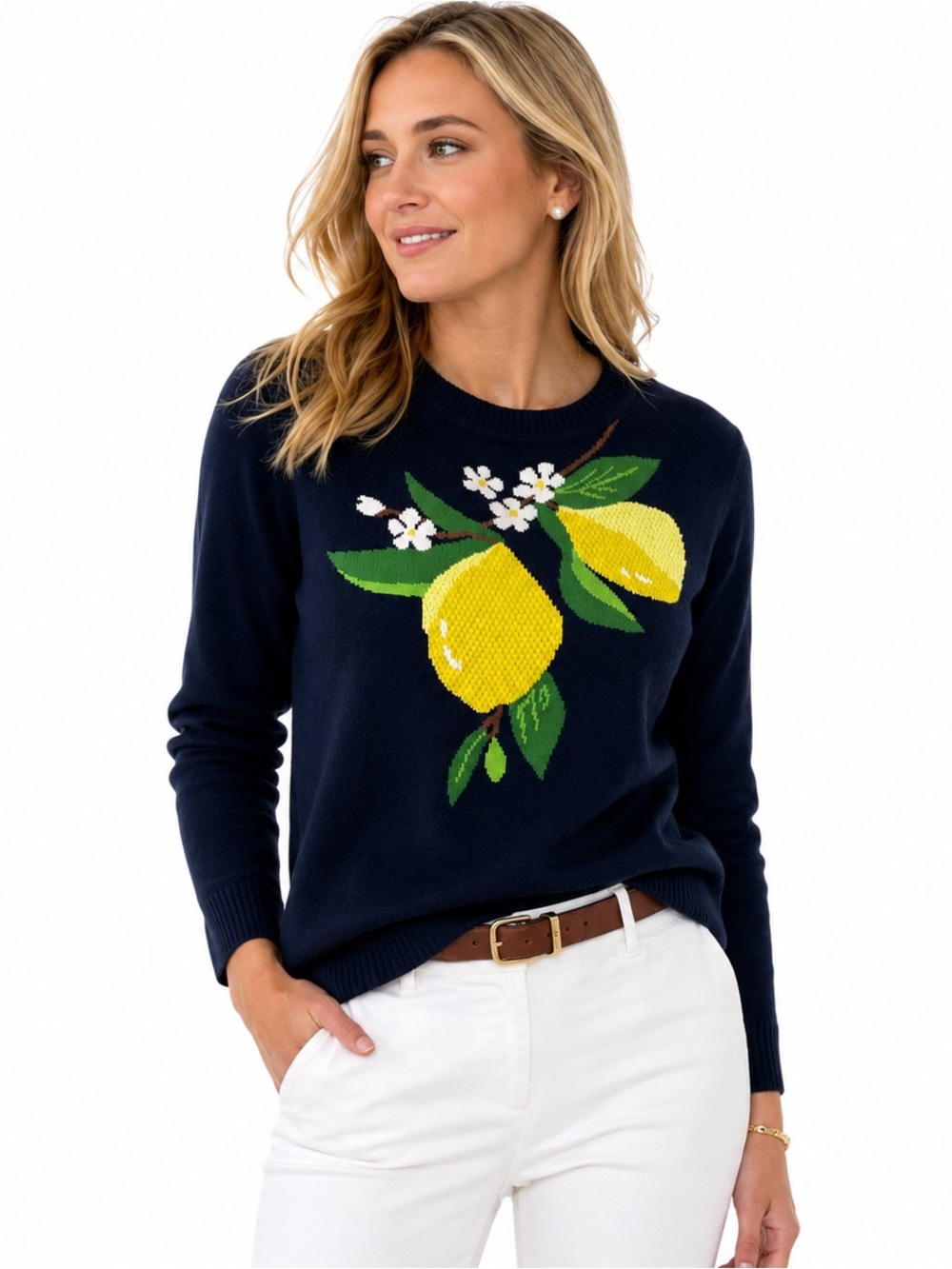 Talbots Lemon Graphic Navy Sweater Small Coastal Grandma Grandmacore Preppy